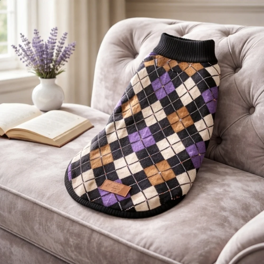 Dr Marty Knited Dog Argyle Sweater in Black, Purple, Tan & White Size Large